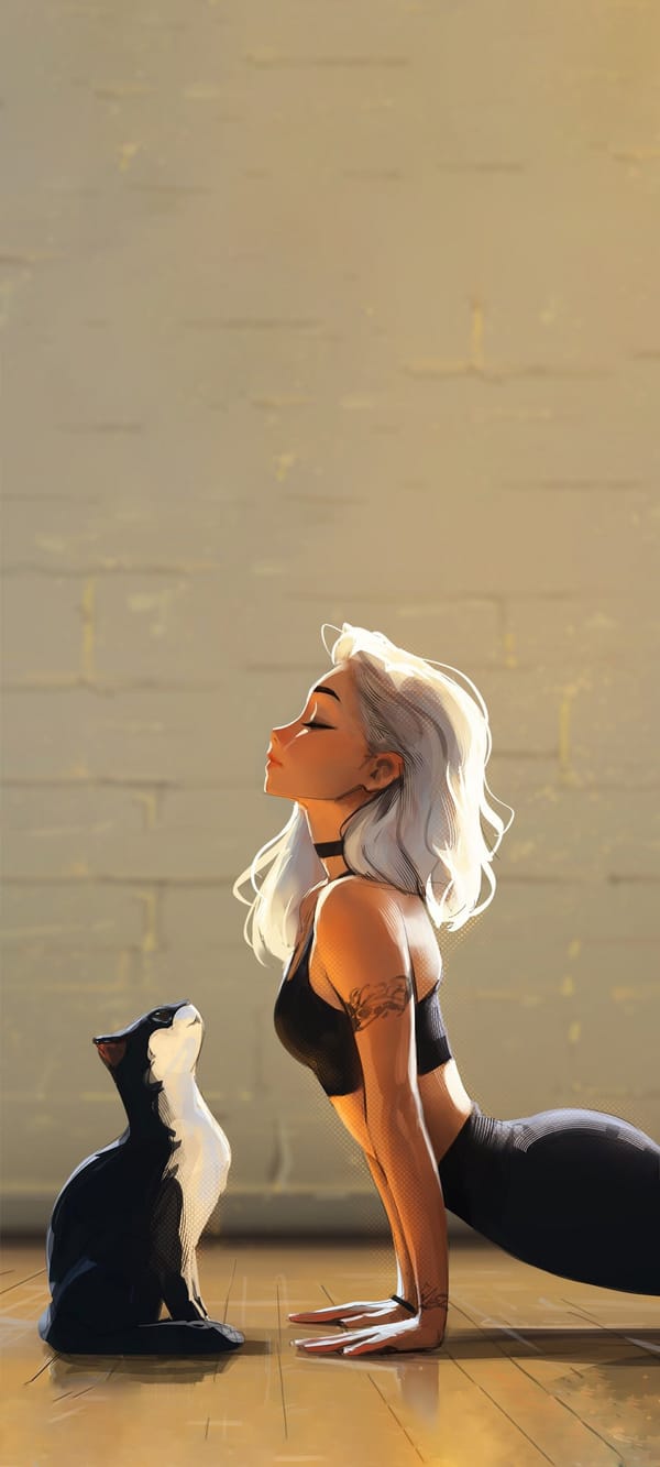 600x1333  Обои для телефона: девушка, кот, йога, рисованные, арт