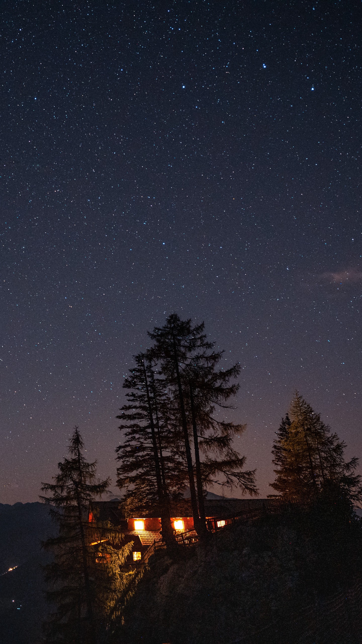 1440x2560  Обои на телефон утес, дом, ночь, горы, звездное небо, свет - скачать  бесплатно в высоком качестве из категории \"Темные\"