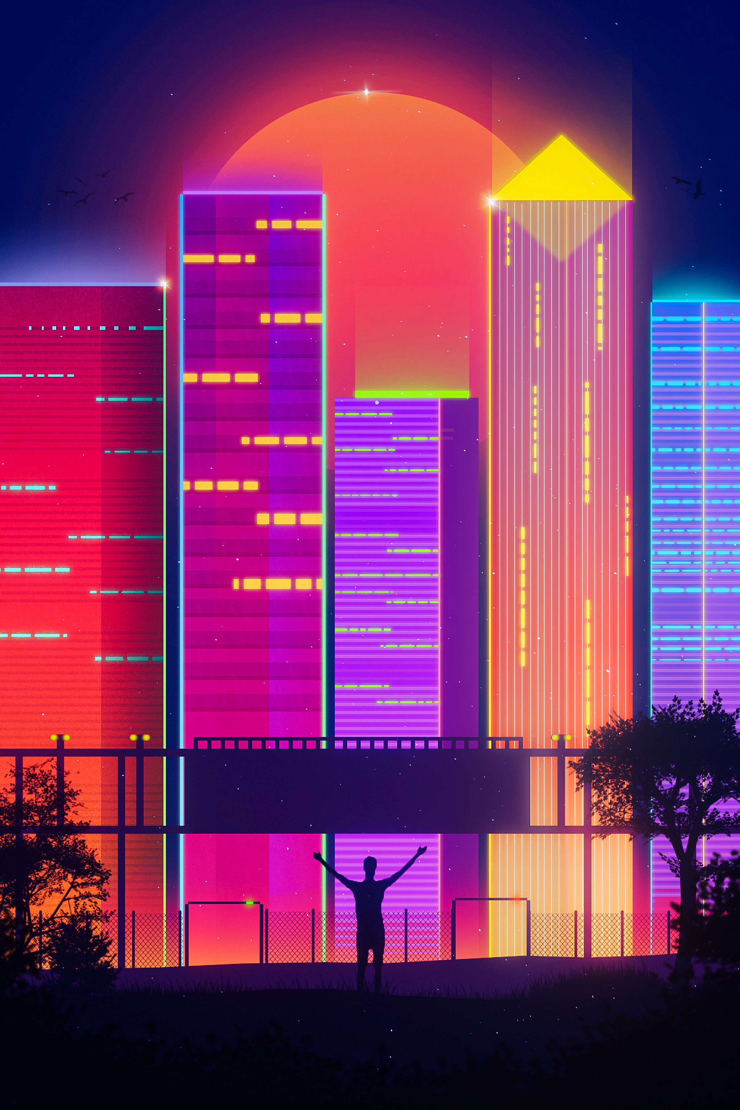 2400x3600  Скачать 2400x3600 город, здания, силуэт, ретровейв, арт обои, картинки