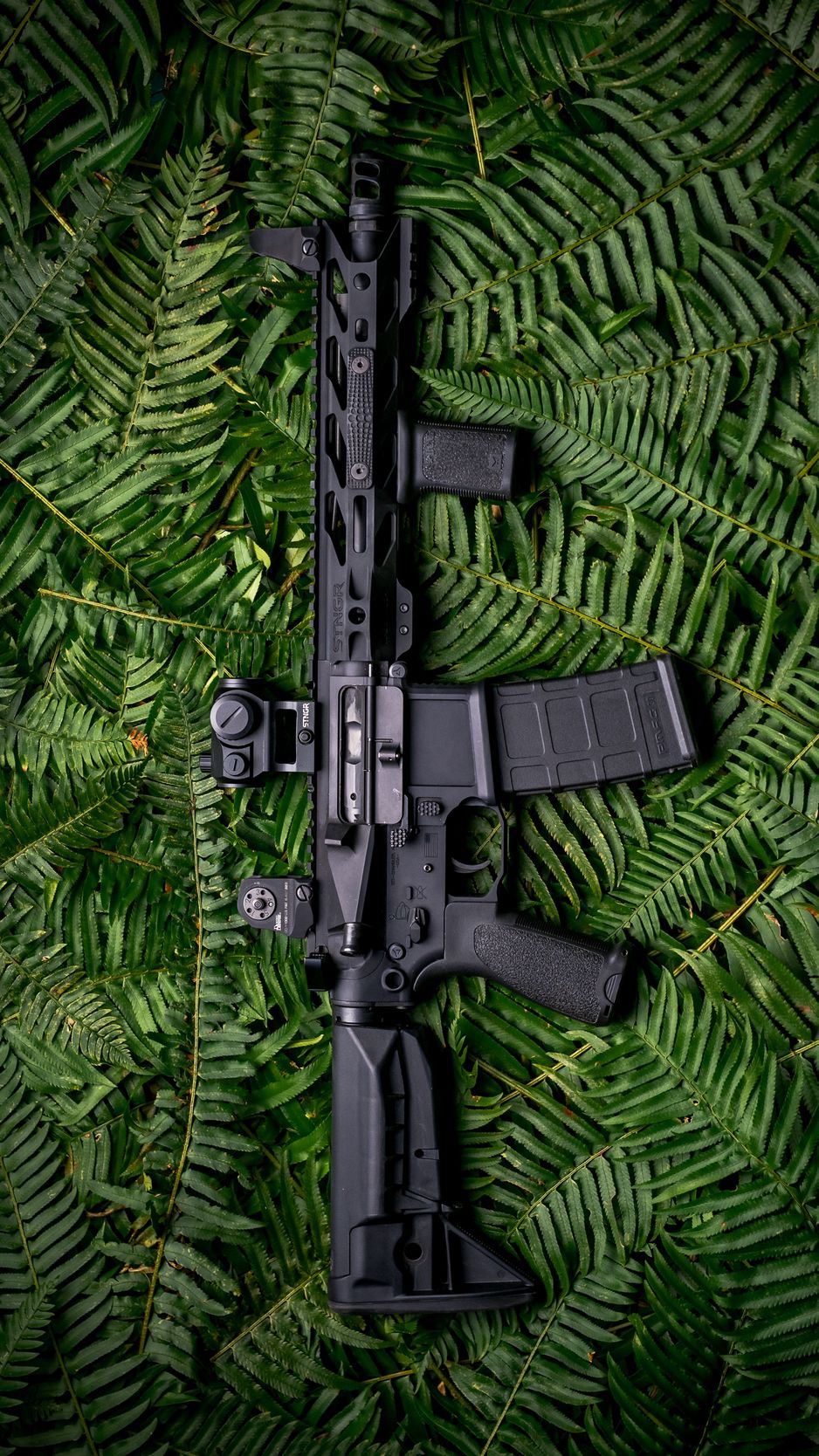 938x1668  Скачать 938x1668 автомат, оружие, черный, папоротник, листья обои, картинки  iphone 8/7/6s/6 for parallax