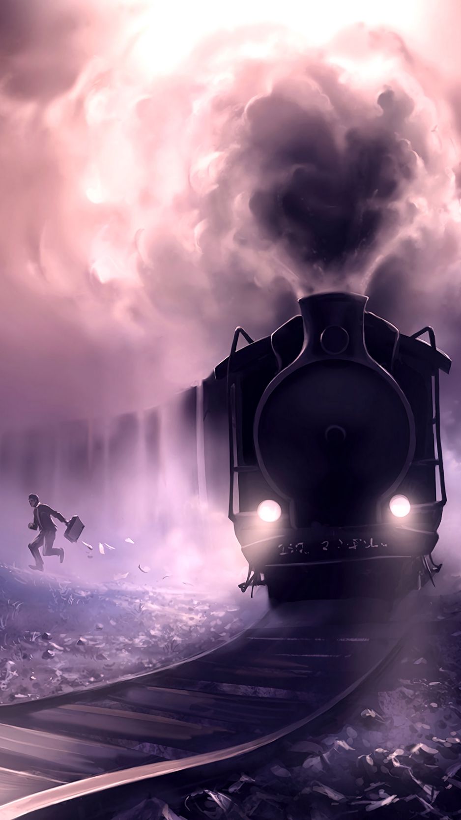 938x1668  Скачать 938x1668 поезд, человек, железная дорога, арт, спешить, побег обои,  картинки iphone 8/7/6s/6 for parallax