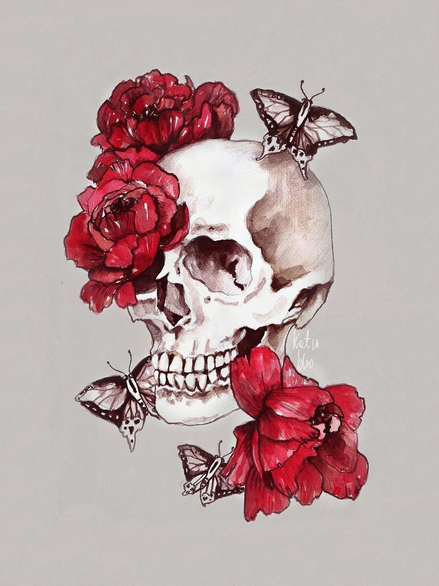 900x1200  Скачать картинку Череп, цветы и мотыльки бесплатно