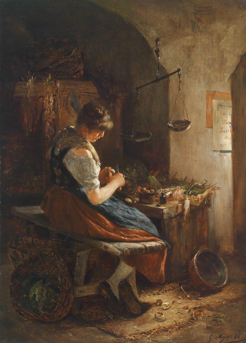 859x1200  Купить картину с интерьером кухни Майер Густав «Девушка на кухне», артикул  poster_97067