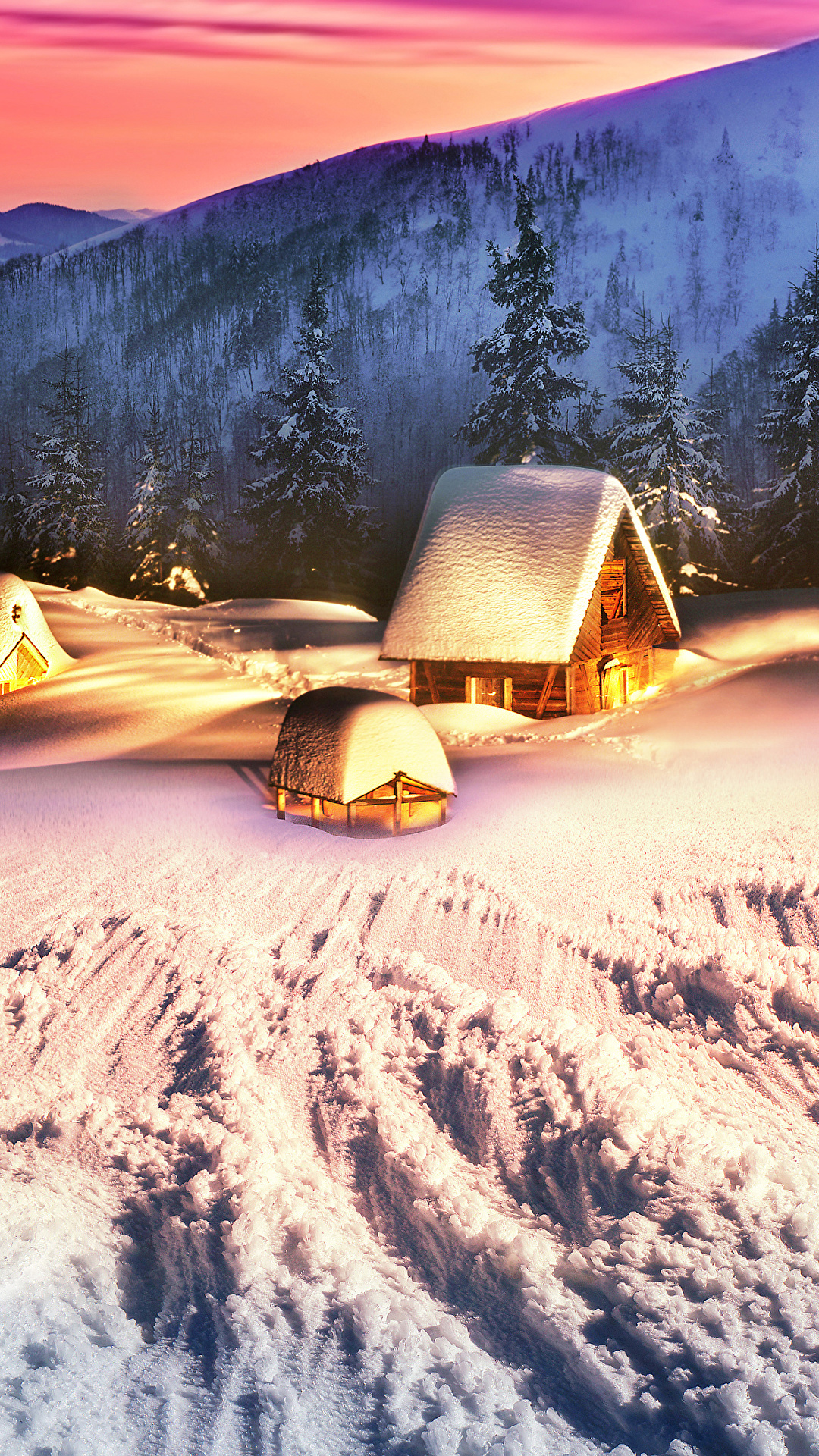 1080x1920  Фото Карпаты Украина ели гора Зима Природа снега Дома 1080x1920