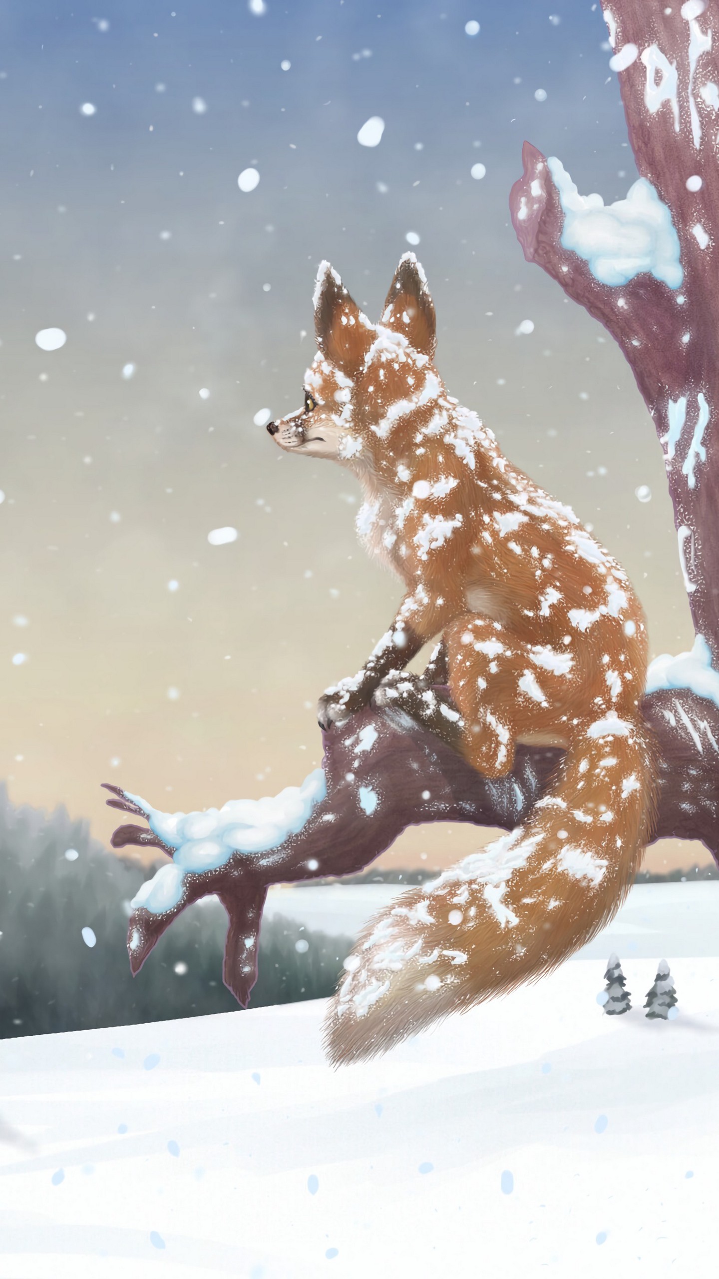 1440x2560  Обои на телефон лиса, дерево, снег, зима, арт - скачать бесплатно в высоком  качестве из категории \"Арт\"