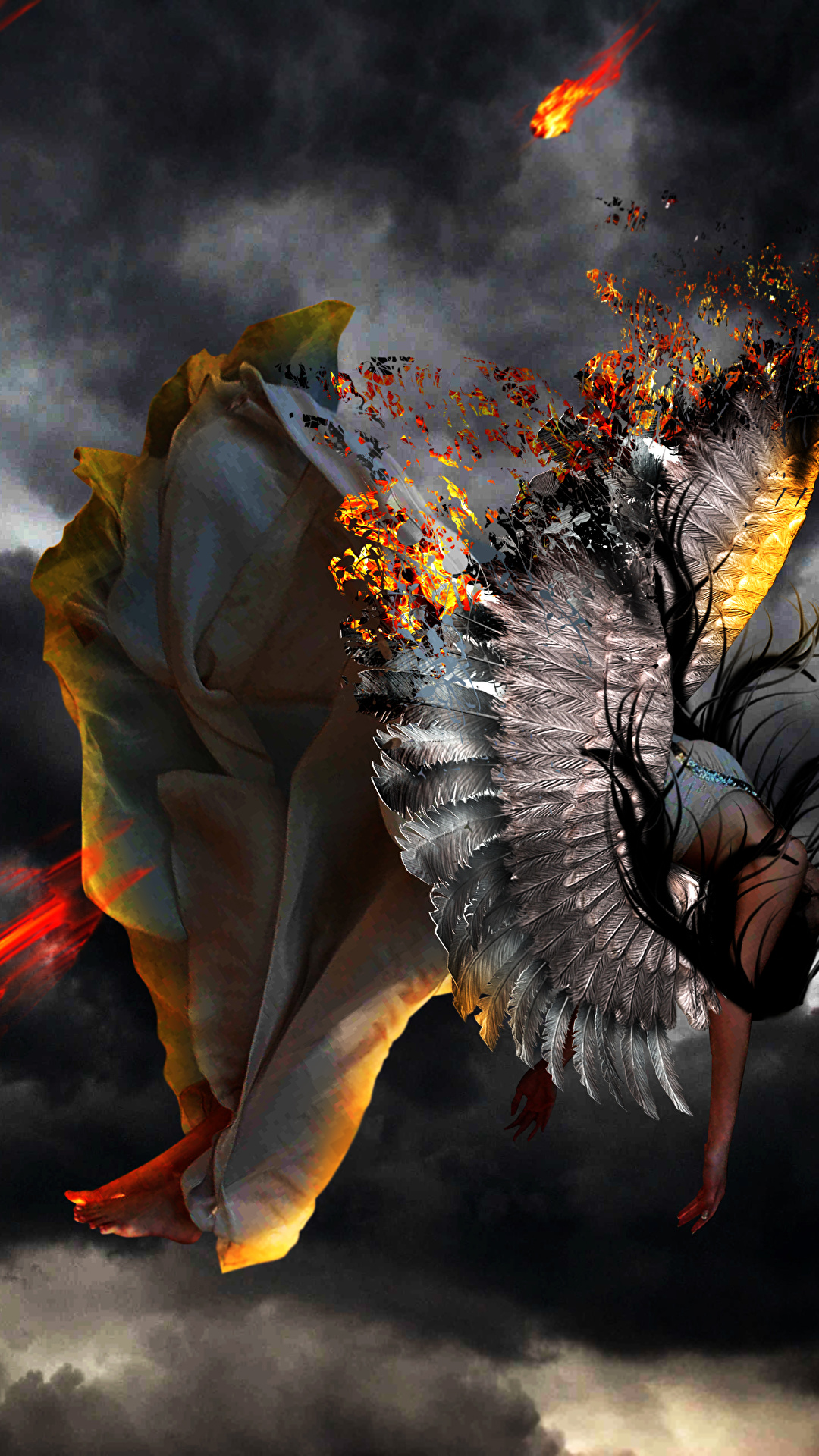 1080x1920  Фотографии падает Крылья Фэнтези девушка ангел Огонь 1080x1920