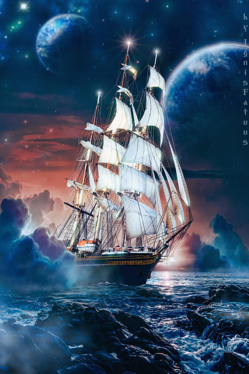 800x1200  Скачать 800x1200 корабль, море, волны, луна, камни, арт обои, картинки  iphone 4s/4 for parallax