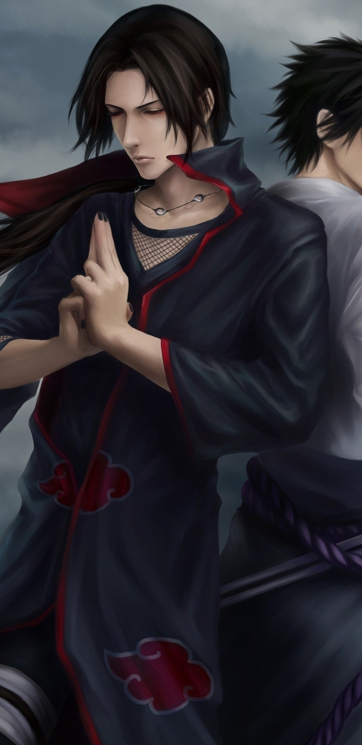 720x1480  Скачать обои и картинки двое, птица, ворон, перья, меч, медитация, волосы,  тучи, наруто, итачи учиха, учиха саске для рабочего стола в разрешении  720x1480