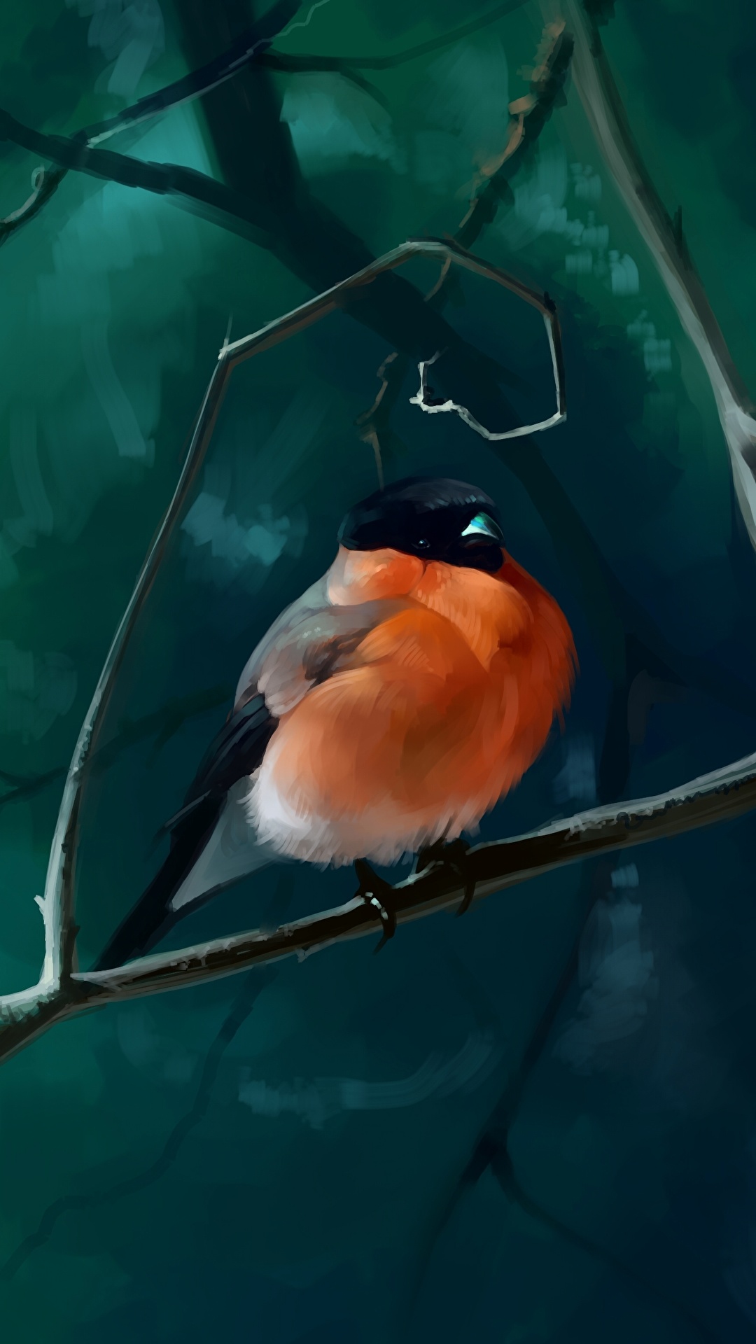 1080x1920  Фотографии Птицы Снегирь ветка животное Рисованные 1080x1920