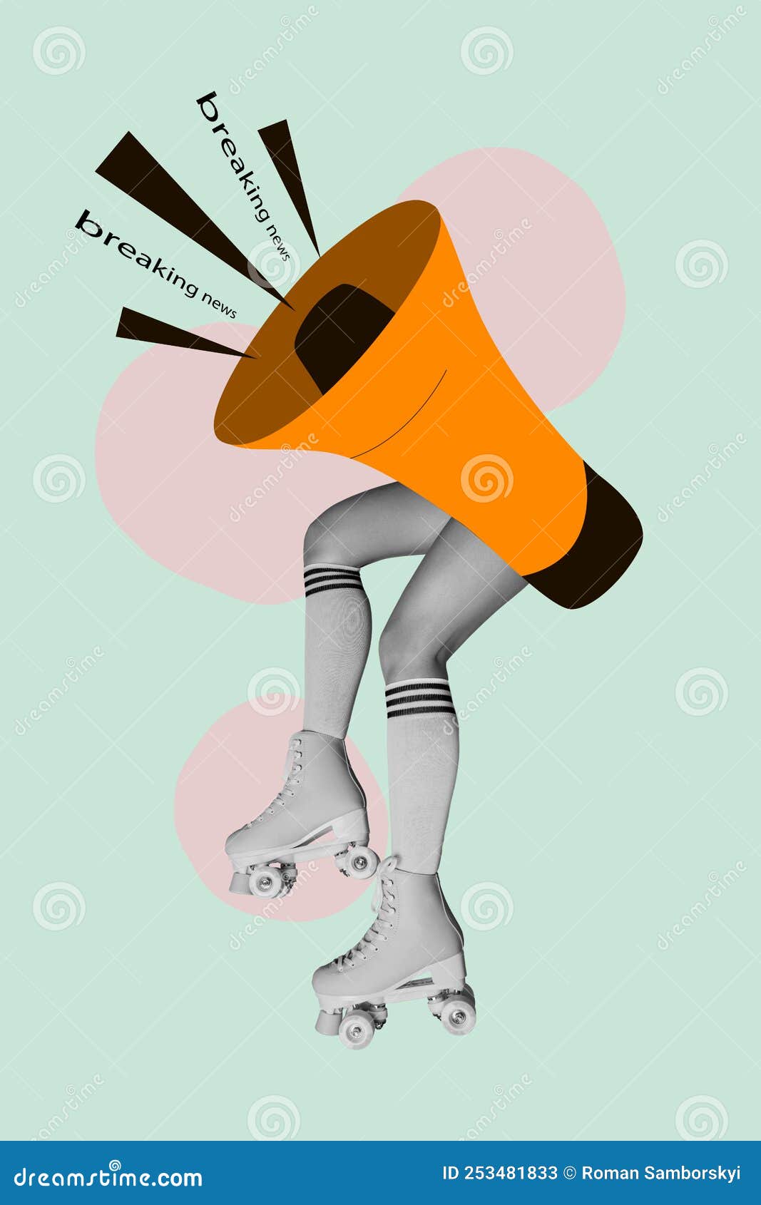 1067x1690  фанк-постерный коллаж большого громкоговорителя поделился новостями о том,  что женщины-роллеры-скейтеры изолированы Стоковое Изображение - изображение  насчитывающей иллюстрация, весточка: 253481833