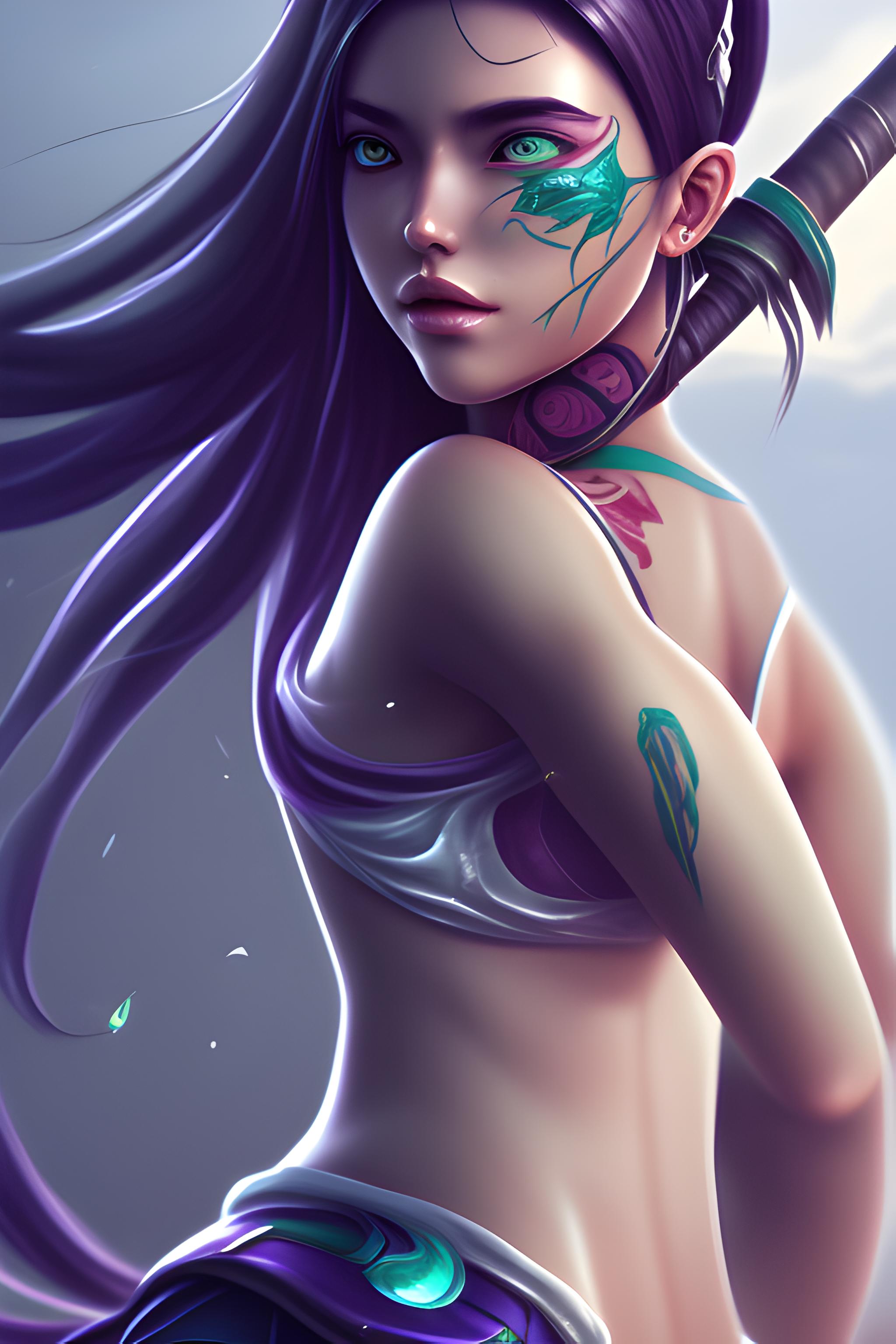 2048x3072  Generate a digital art of akali, ultra-detailed, perfect anatomy,  realistic, detailed face, top, pants, hair ribbon, bare shoulders,  ponytail, tattoo, black hair, mouth mask, view from behind | Wallpapers.ai