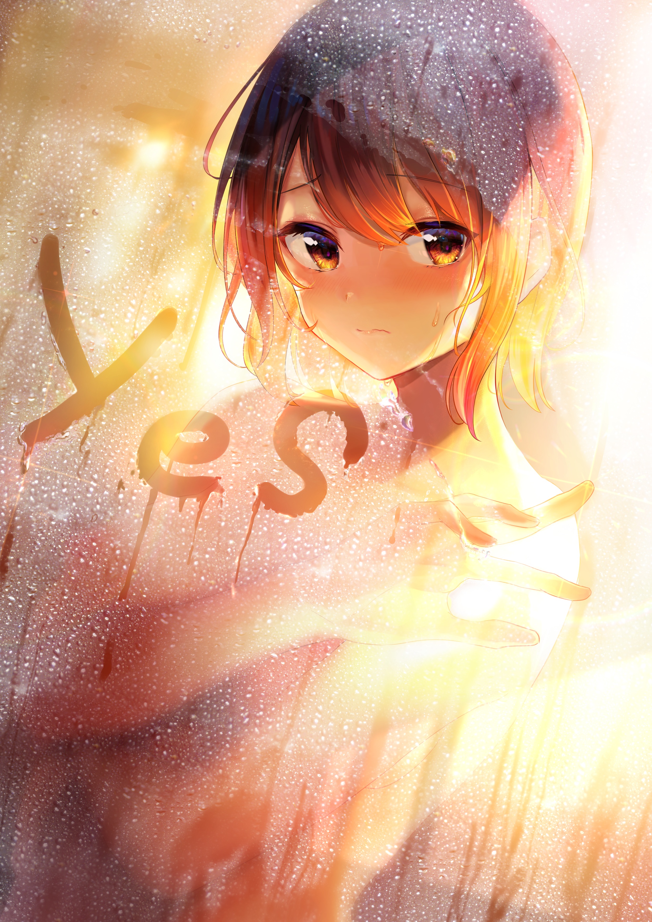 2480x3508  Фото Девочка за стеклом с каплями воды на нем и надписью yes / да