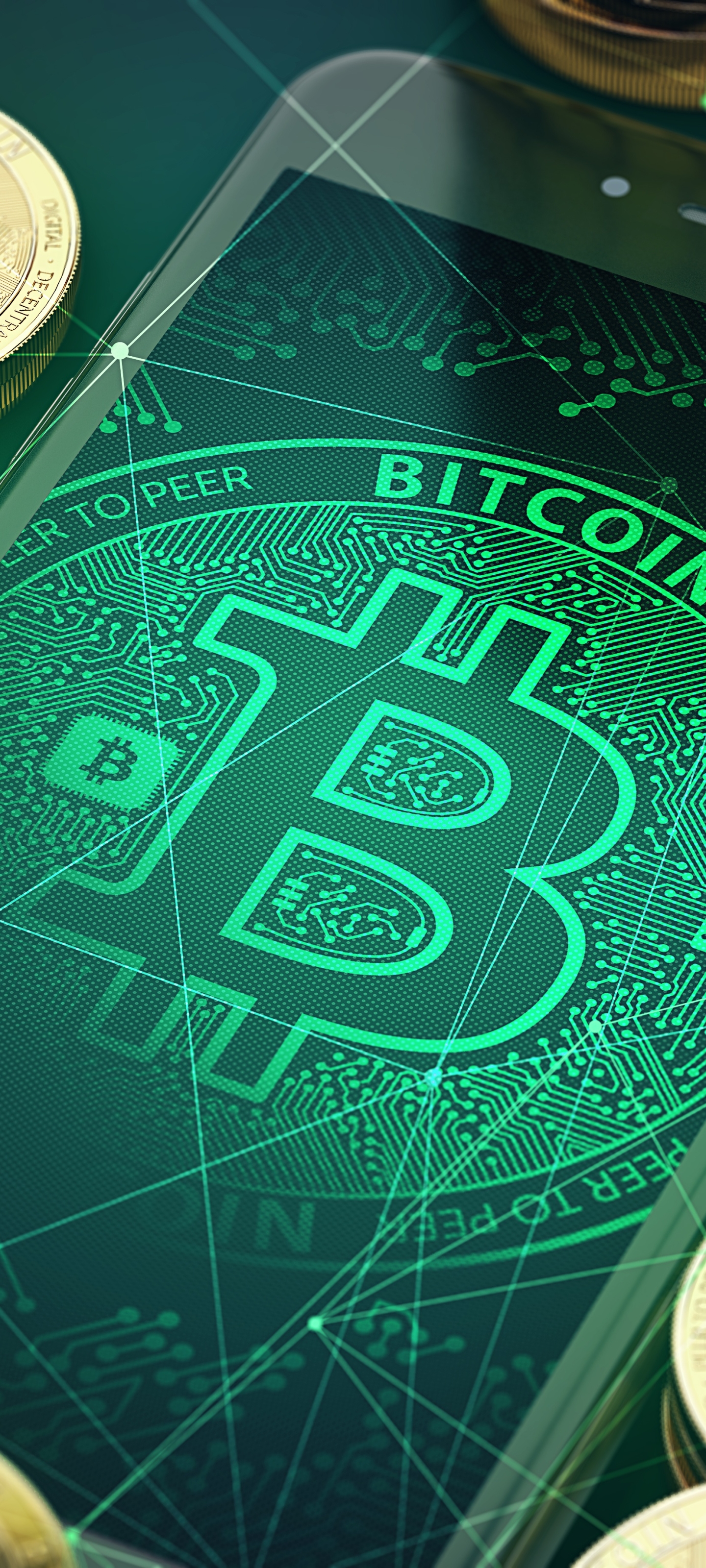 1440x3200  Bitcoin middle black background with skeleton logo | Wallpapers.ai