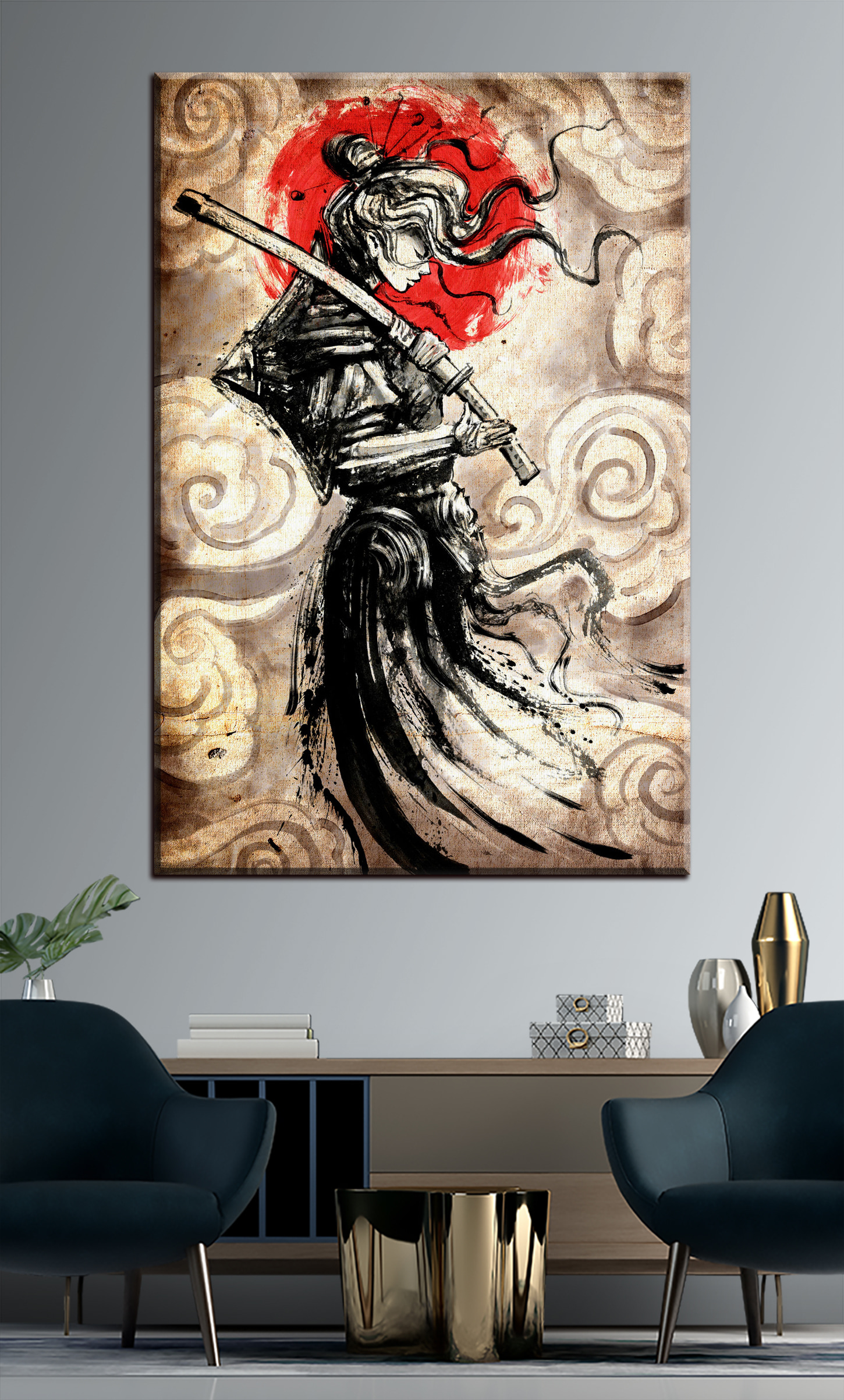 1450x2405  Картина в японском стиле Красивая девушка-самурай с катаной на плече №  s33060 в ART-holst.com.ua