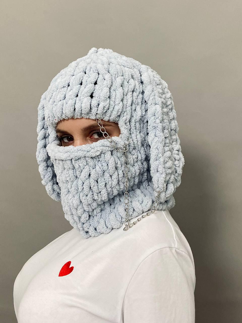 960x1280  ᐉ Балаклава-шапка вязаная Alize Puffy с ушами зайца и цепочкой Голубой  (5698457)