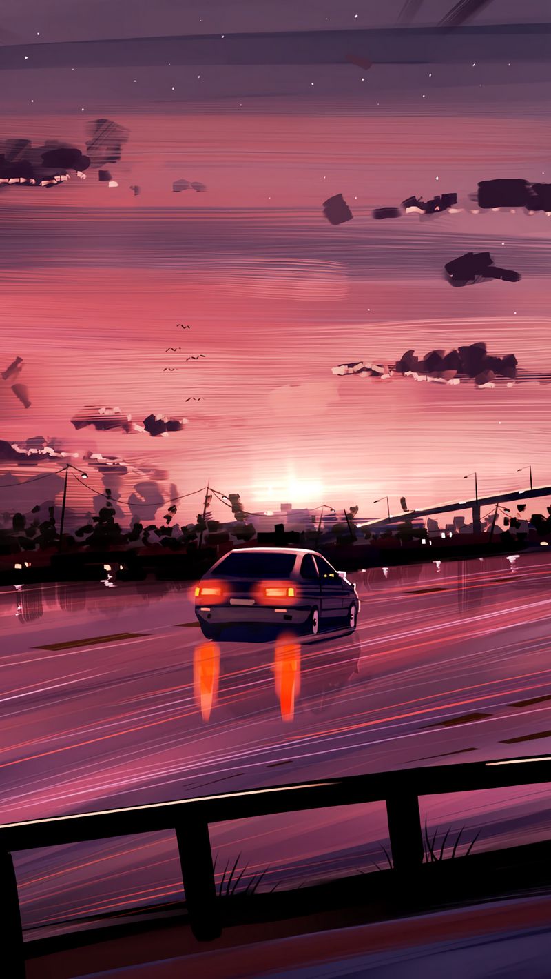 800x1420  Скачать 800x1420 автомобиль, дорога, закат, отражение, арт, фиолетовый обои,  картинки iphone se/5s/5c/5 for parallax
