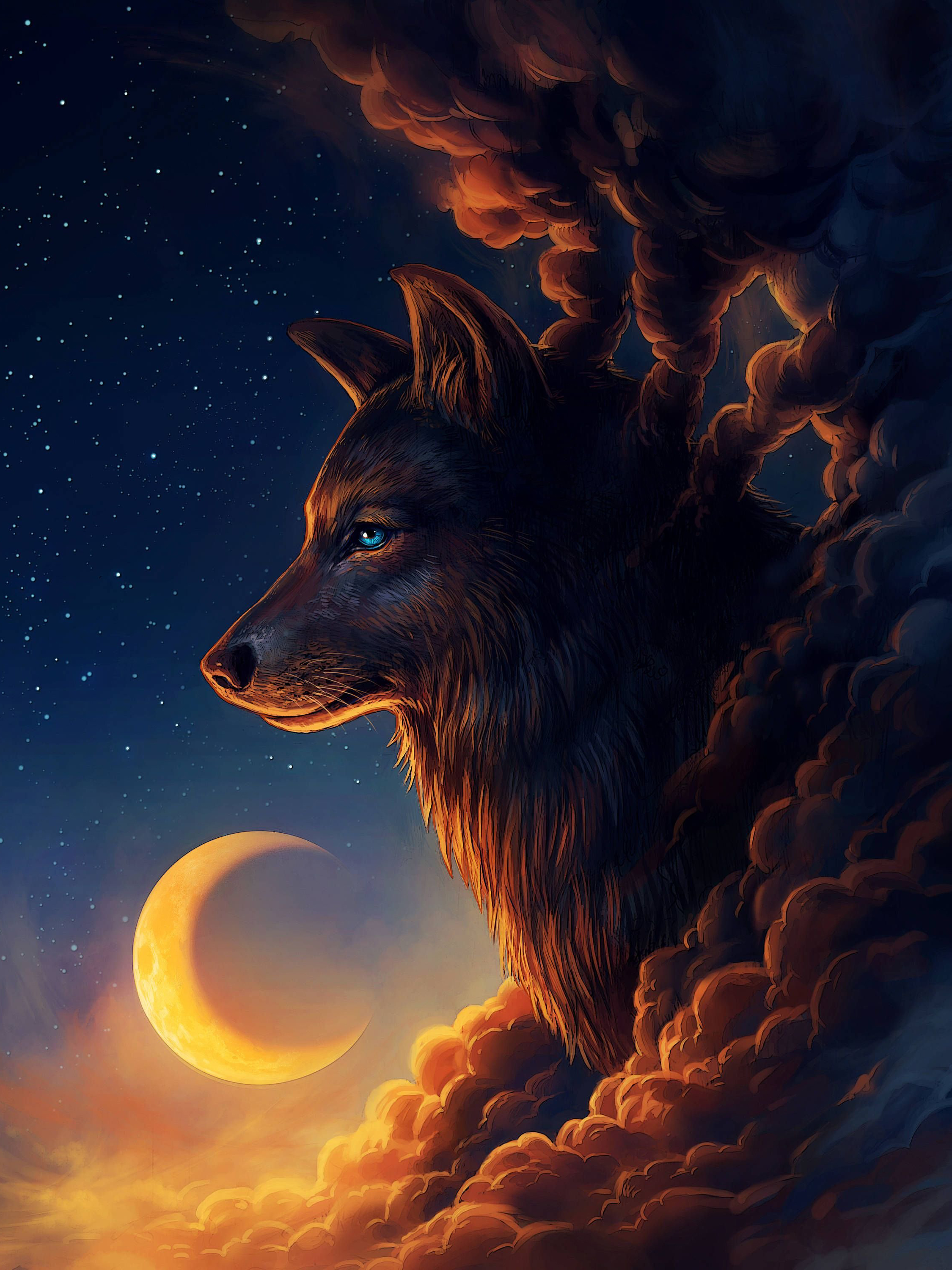 2250x3000  Скачать картинку Волк, тучи и Луна в солнечных лучах бесплатно