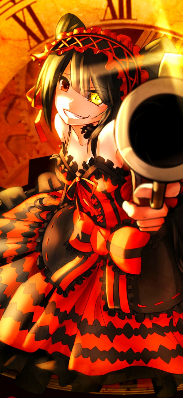 720x1560  Обои на телефон: Аниме, Оружие, Улыбка, Платье, Гетерохромия, Пистолет,  Черные Волосы, Длинные Волосы, Повязка На Голову, Красное Платье, Дата В  Прямом Эфире, Куруми Токисаки, 1336732 скачать картинку бесплатно.