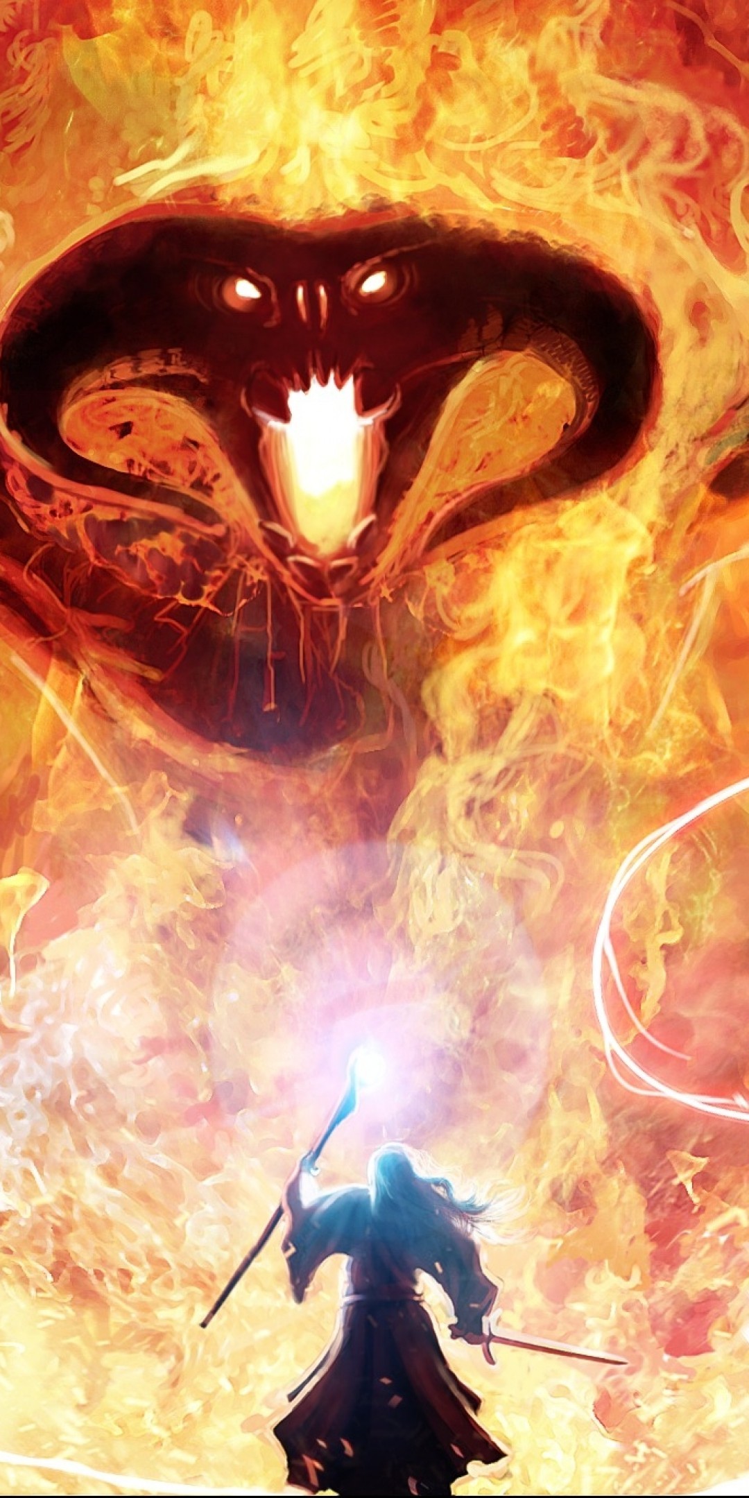 1080x2160   Скачать 1080x2160 Властелин колец Balrog Gandalf Fire Tolkien Magic Monster Artwork Demon Wallpapers для Huawei Mate 10 - Wallpaper Maiden