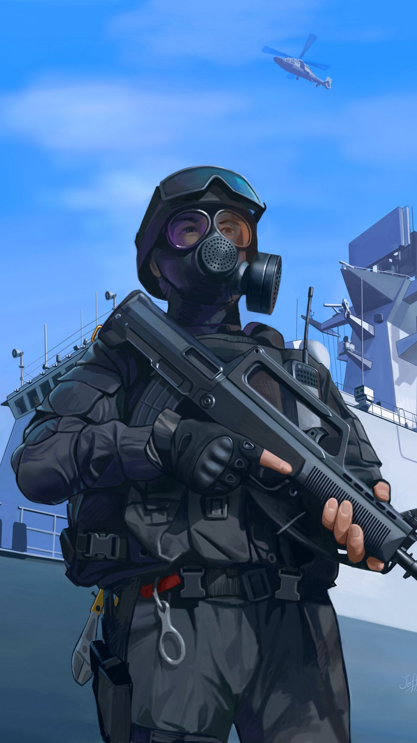 1350x2400  Скачать 1350x2400 солдат, военный, маска, автомат, оружие, армия, арт обои,  картинки iphone 8+/7+/6s+/6+ for parallax