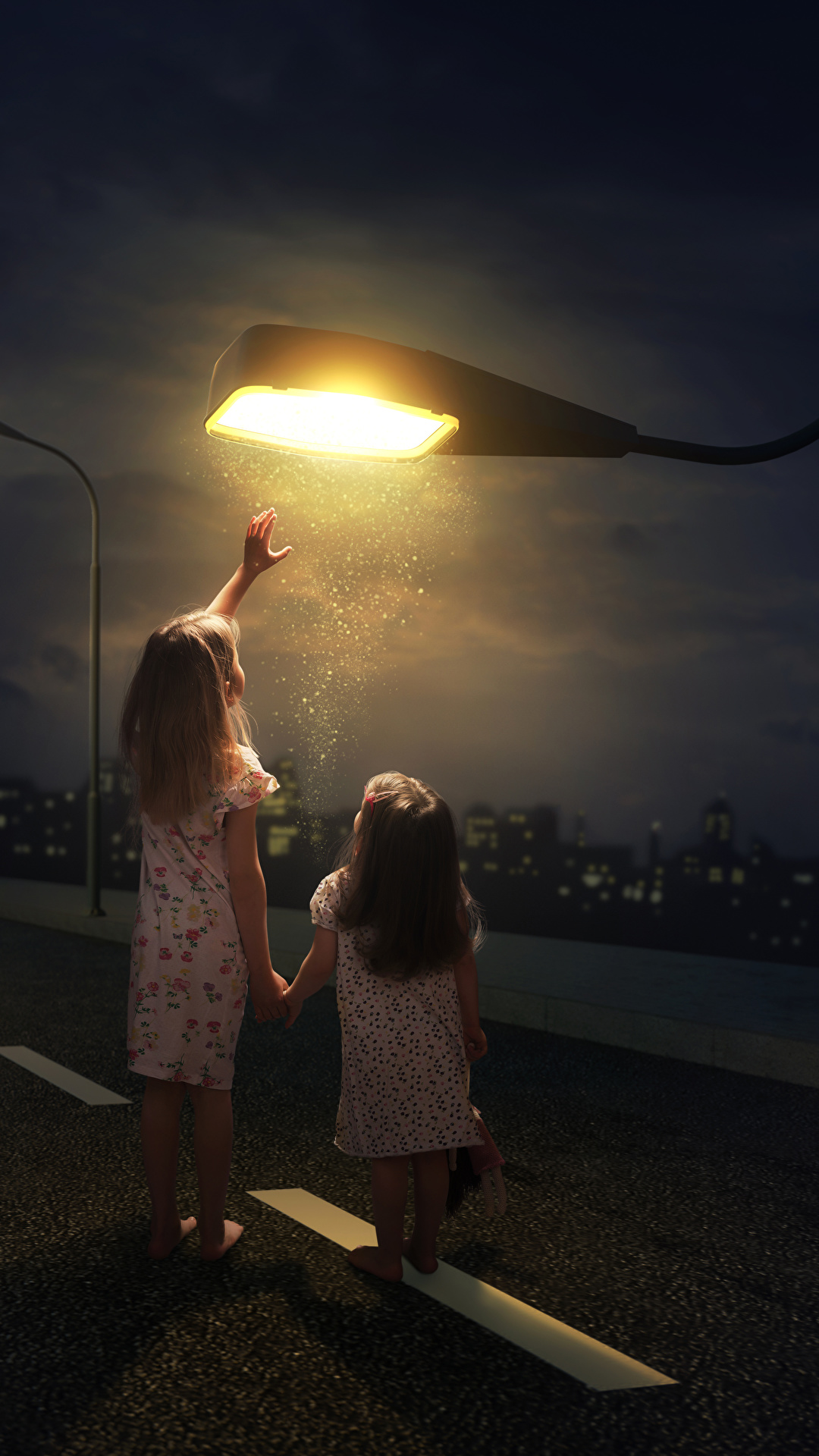 1080x1920  Фотография девочка ребёнок Двое Дороги креативные Ночные 1080x1920