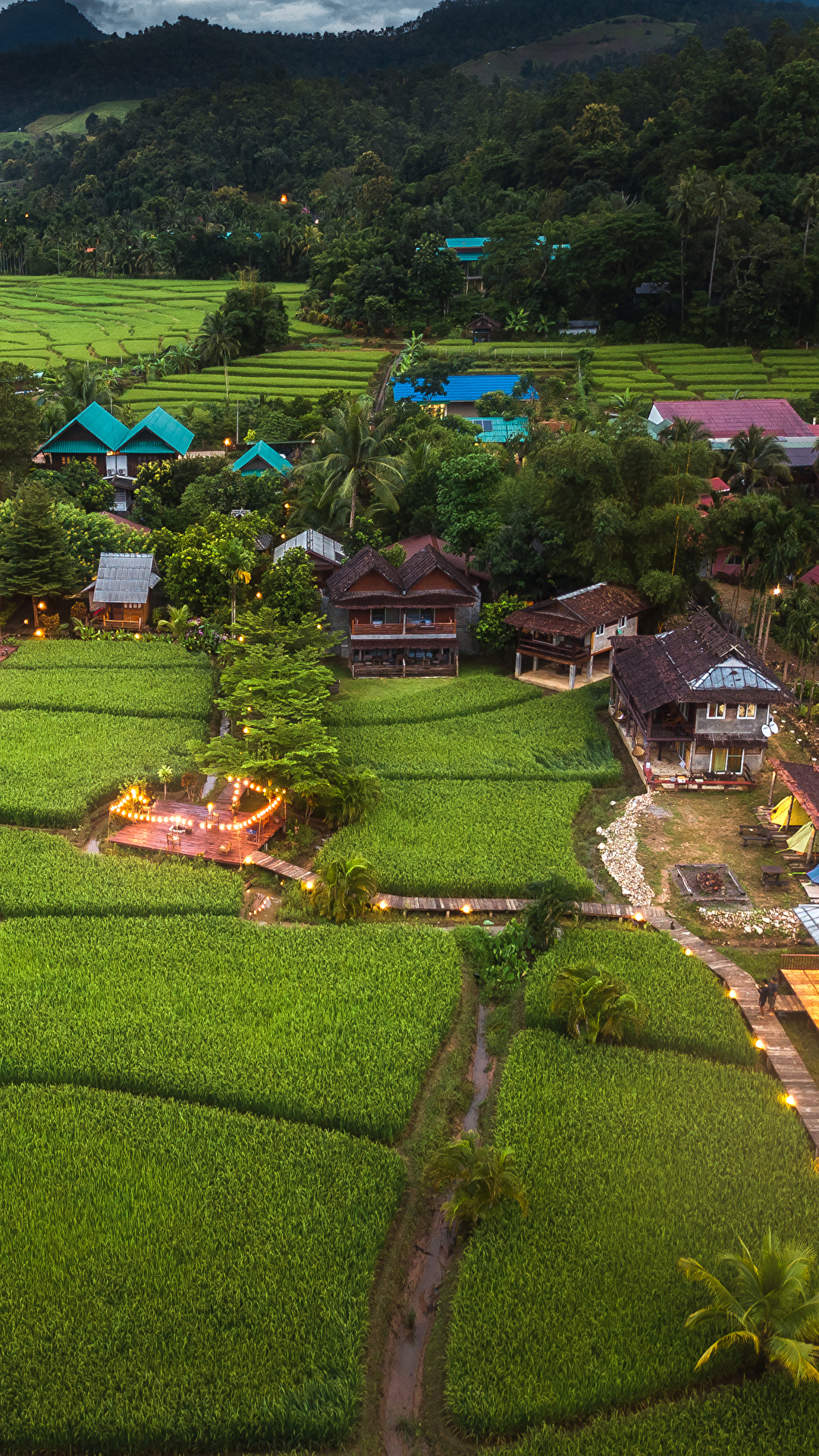 1080x1920  Картинка Таиланд село Mae La Noi Поля Дома Города 1080x1920