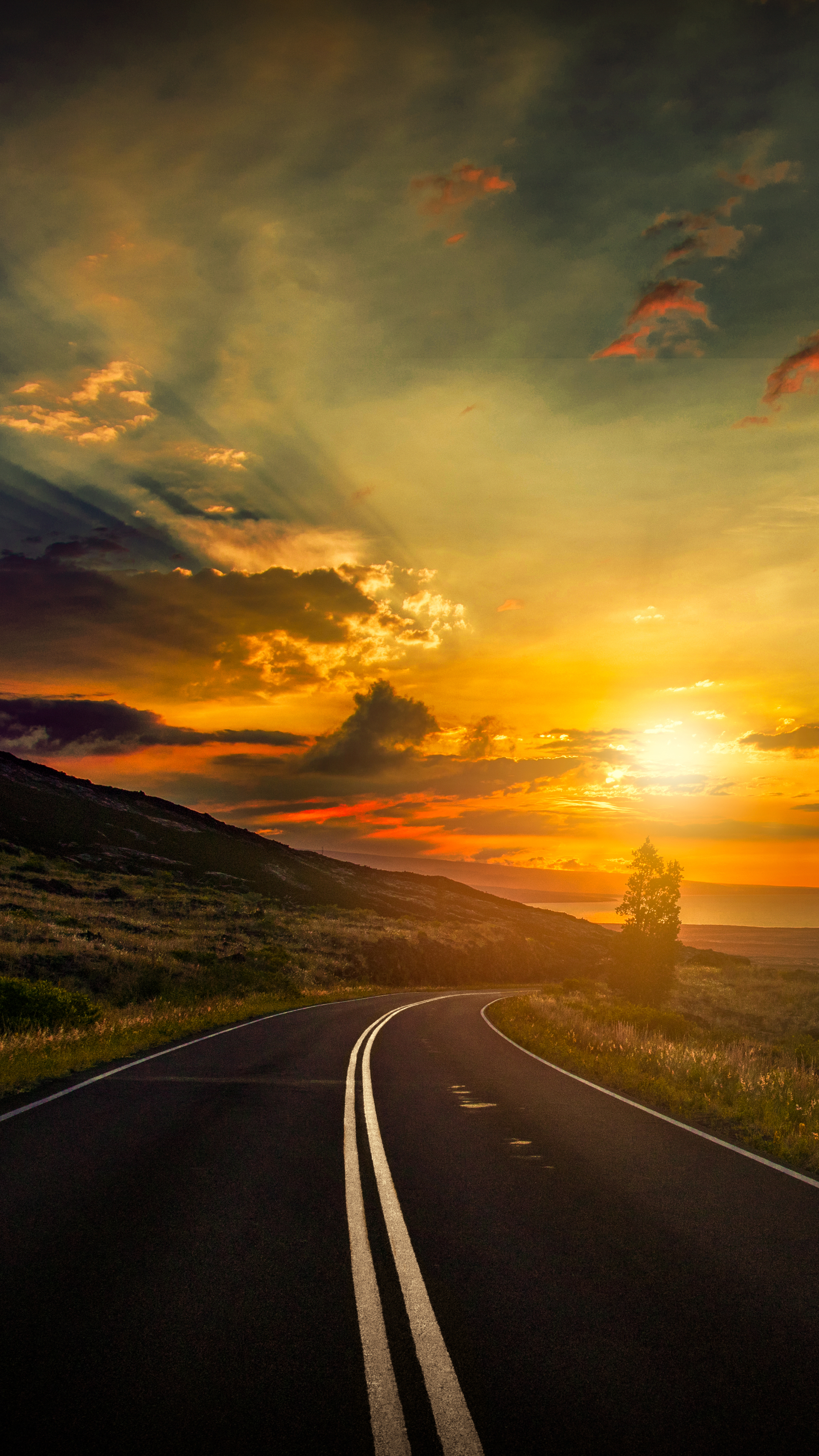 2160x3840  Обои на телефон: Закат, Небо, Солнце, Горизонт, Дорога, Сделано Человеком,  Закат Солнца, 1253207 скачать картинку бесплатно.