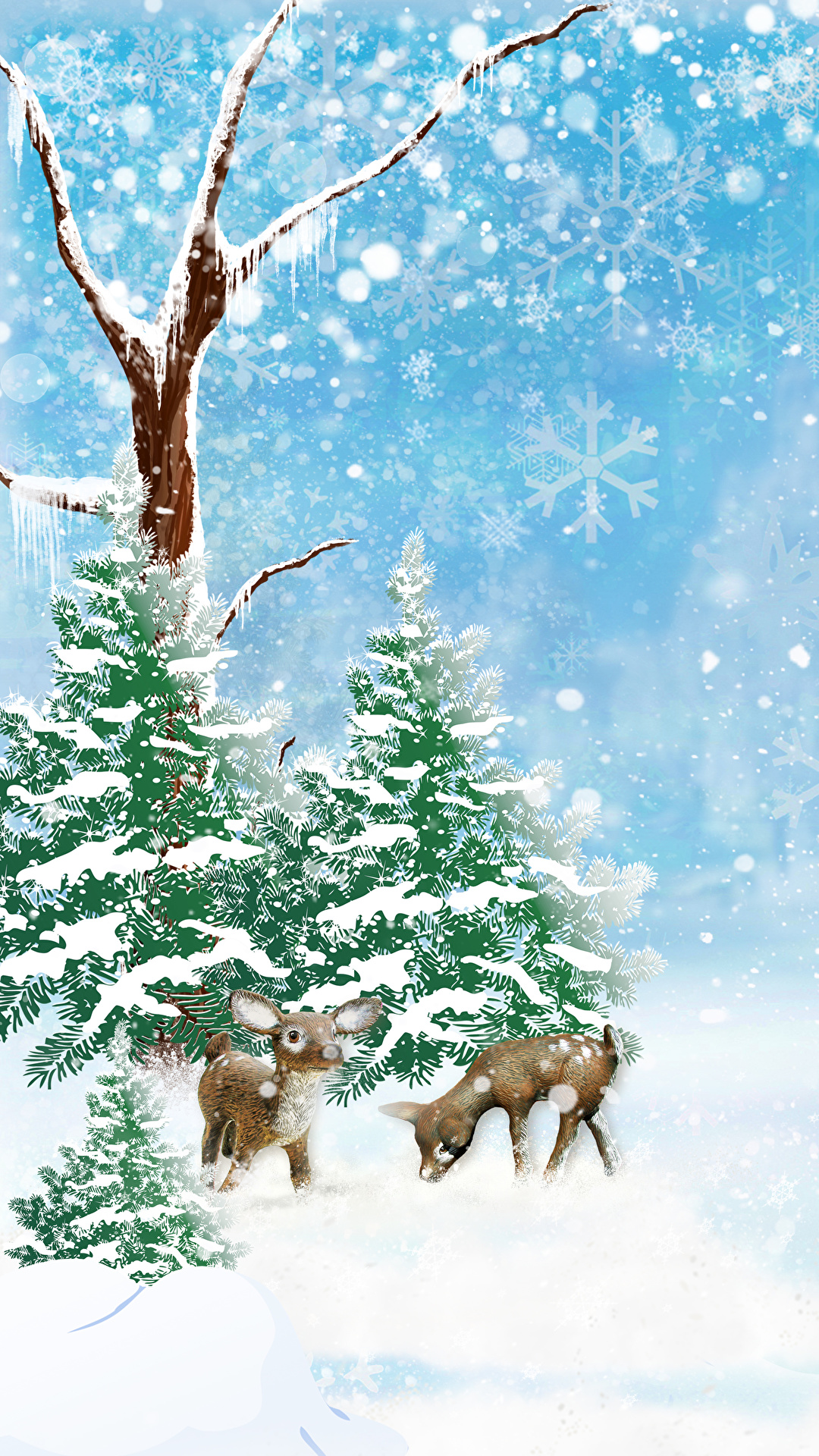 1080x1920  Images Deer Winter Spruce Nature Snowflakes Snow Seasons 1080x1920