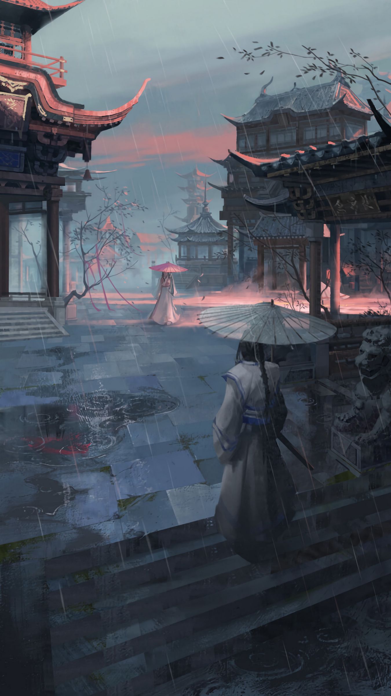 1350x2400  Скачать 1350x2400 девушки, пагоды, дождь, зонтики, япония, арт обои,  картинки iphone 8+/7+/6s+/6+ for parallax