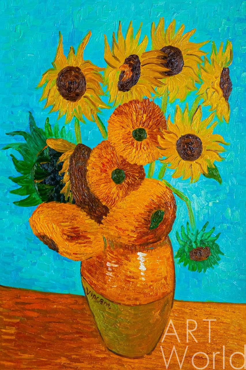 853x1280  Копия картины Ван Гога \"Ваза с двенадцатью подсолнухами, 1888г.\" (копия  Анджея Влодарчика) 60x90 VG230204 купить в Москве