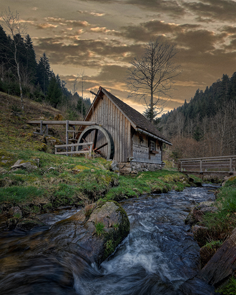 819x1024  Картинки Германия Водяная мельница Hornberg Природа речка Камень