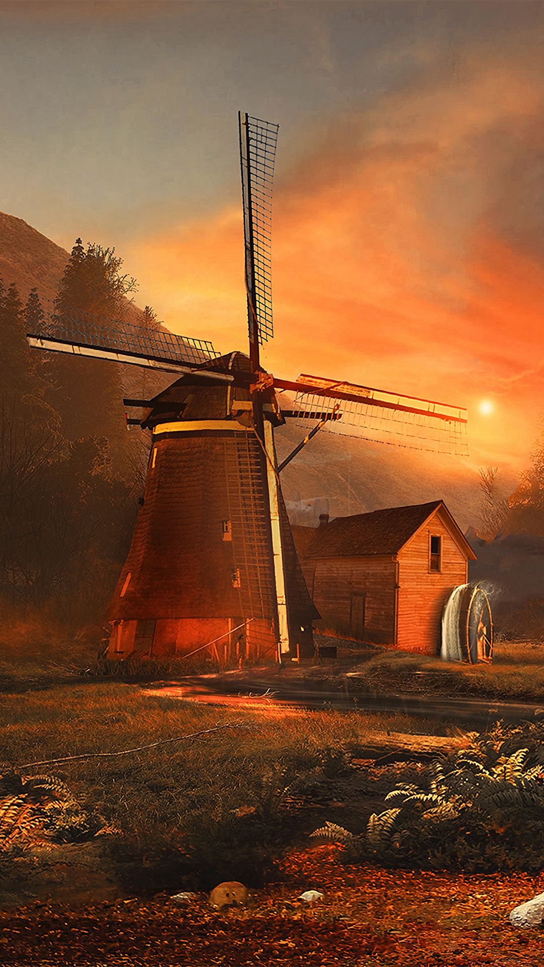 1080x1920  Скачать 1080x1920 мельница, лес, арт, закат, сказочный обои, картинки  samsung galaxy s4, s5, note, sony xperia z, z1, z2, z3, htc one, lenovo vibe