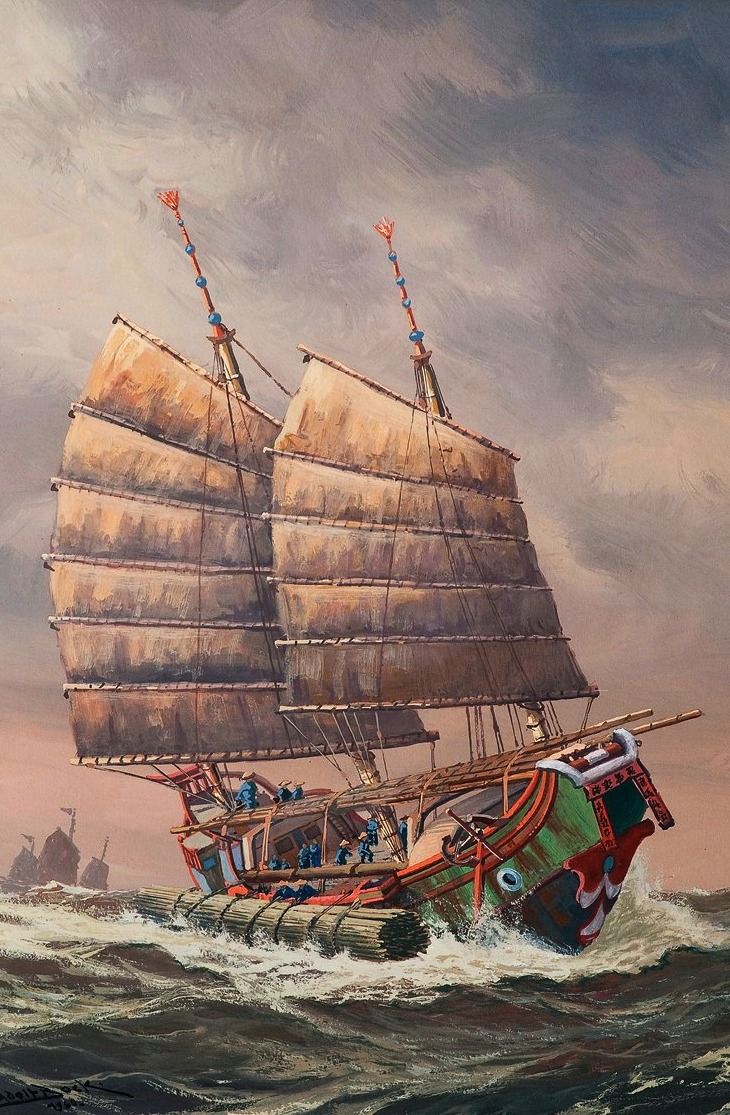730x1115  A Chinese junk during a storm / Китайская джонка во время шторма. | Chinese  boat, Ship art, Boat illustration