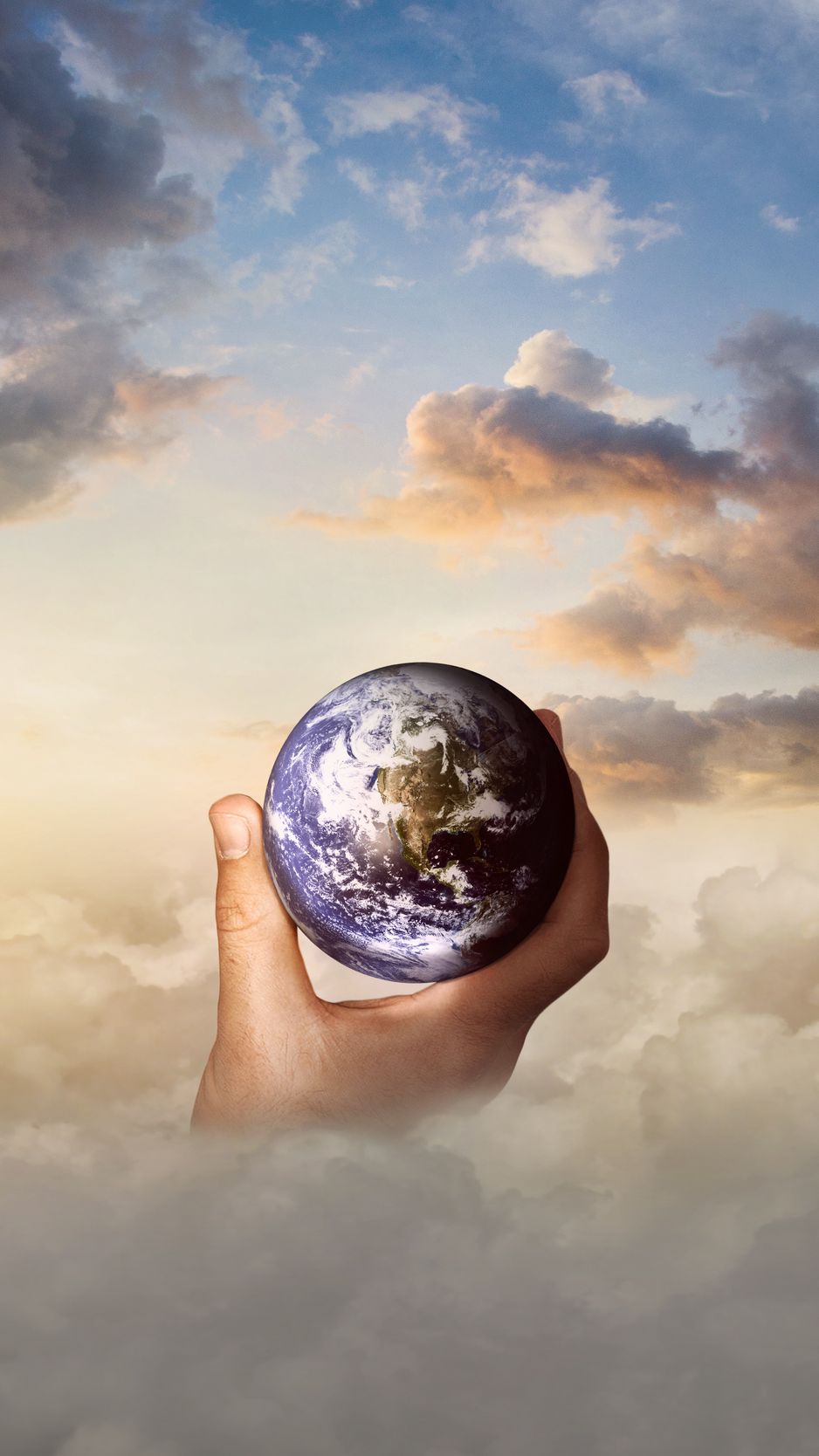 938x1668  Скачать 938x1668 глобус, рука, фотошоп, облака, мир, путешествия обои,  картинки iphone 8/7/6s/6 for parallax