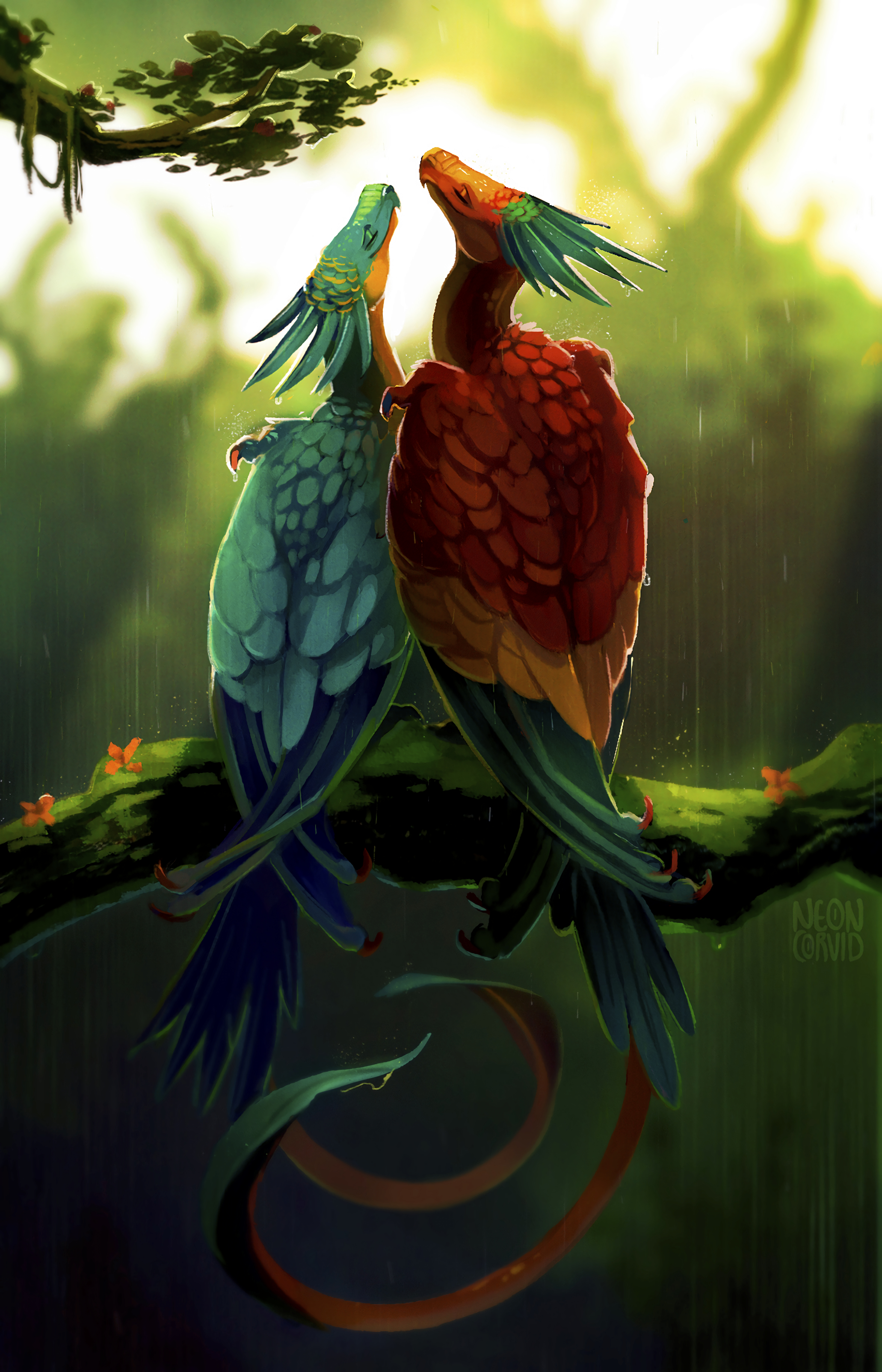 2348x3652  Обои на телефон: Фантастика, Драконы, Разноцветный, Птицы, Дождь, Пара,  Арт, 90402 скачать картинку бесплатно.