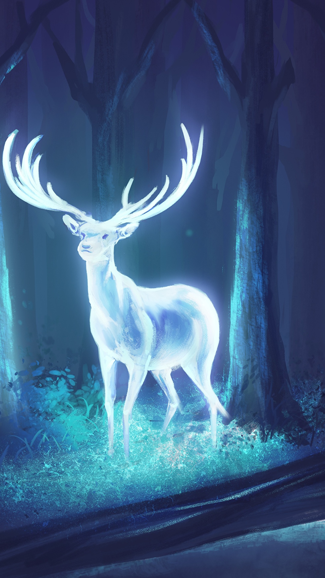 1080x1920  Фотографии Олени с рогами Фантастика Ночь Волшебные 1080x1920