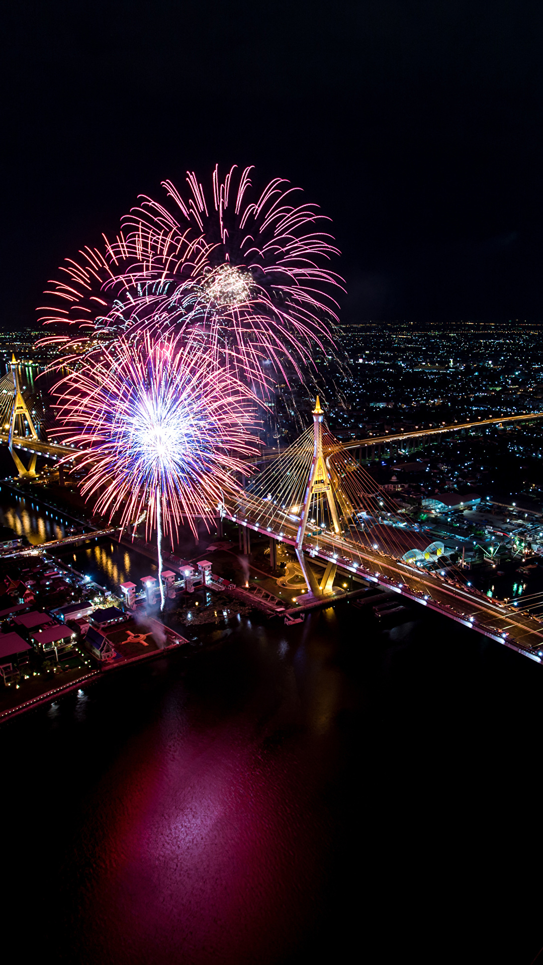 1080x1920  Картинка Бангкок Салют Таиланд Мосты Реки ночью Сверху 1080x1920