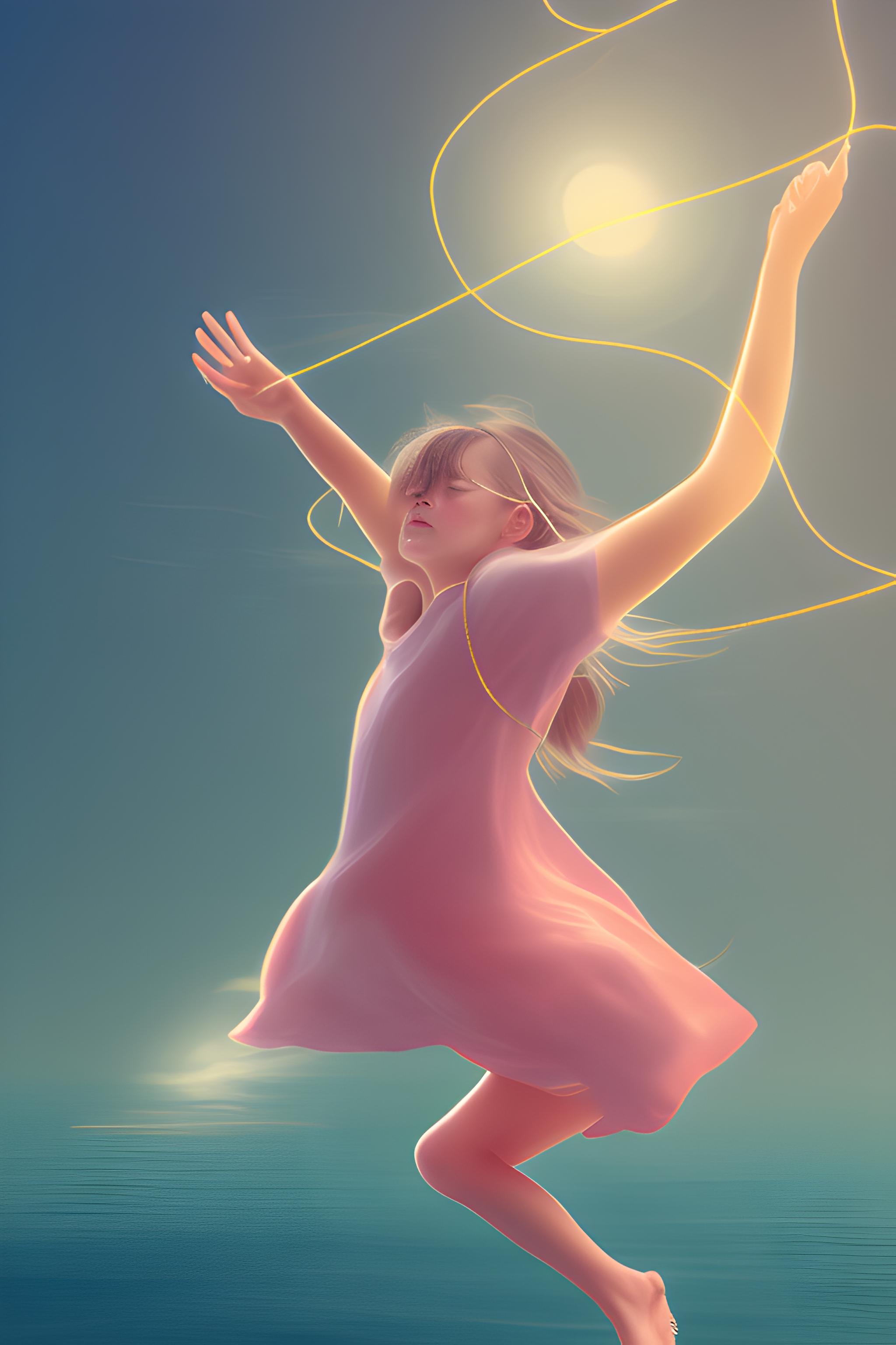2048x3072  Girl fly in the sky with a string attach to her foot, and her kids is  calling her | Wallpapers.ai