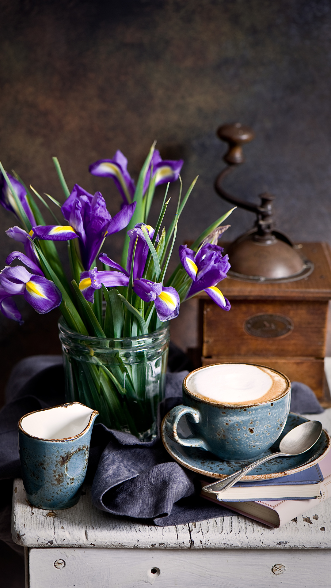 1080x1920  Picture Coffee iris flower Cup Food Spoon Still-life 1080x1920