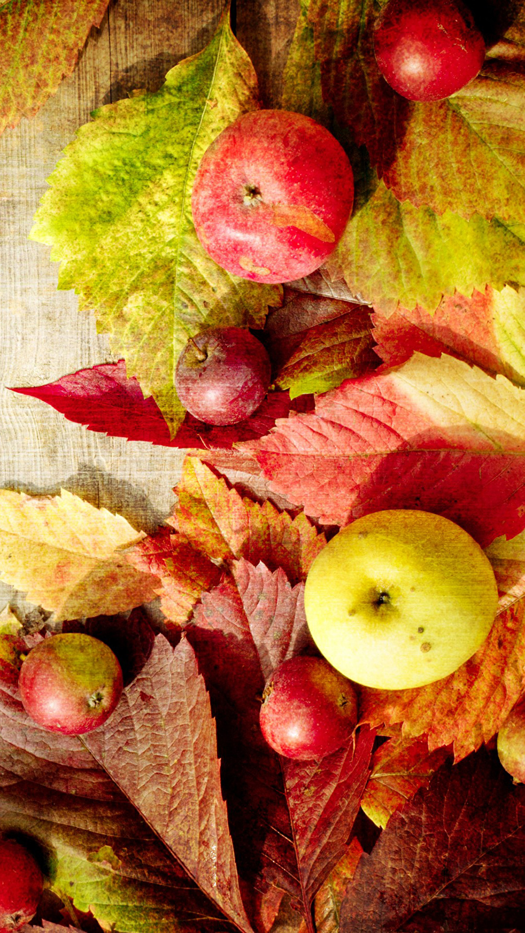 1080x1920  Картинки Листья Осень Яблоки Продукты питания Доски 1080x1920