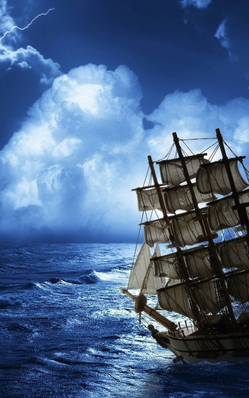 800x1280  Скачать обои и картинки корабль, парусник, паруса, мачта, волны, вода,  море, океан, небо, облака, молния, шторм для рабочего стола в разрешении  800x1280