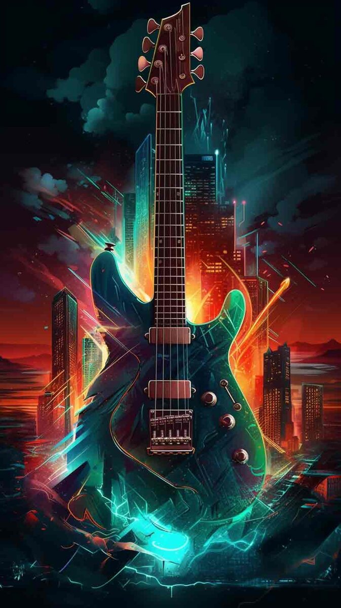 673x1200  Электрогитара в огненном спектре - Киберпанк - Яркие цвета - Бесплатные обои  на телефон | Нейронный Арт | Дзен