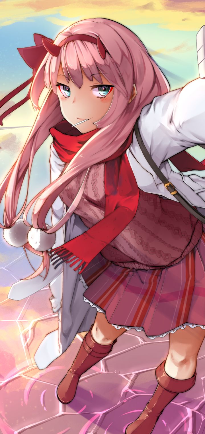 720x1520  Обои на телефон: Аниме, Рога, Пальто, Юбка, Шарф, Зеленые Глаза, Розовые  Волосы, Длинные Волосы, Милый Во Франксе, Zero Two (Дорогая В Franxx),  1384867 скачать картинку бесплатно.