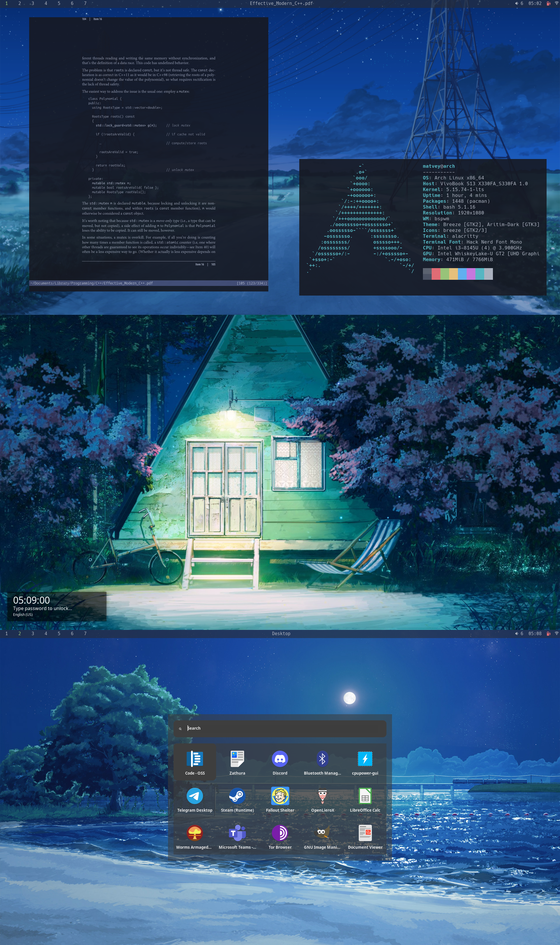 1920x3239  bspwm] Я сделал cron, чтобы менять обои в зависимости от времени суток, а также есть обои для каждого рабочего стола. (Теперь это ночная тема) : r/unixporn