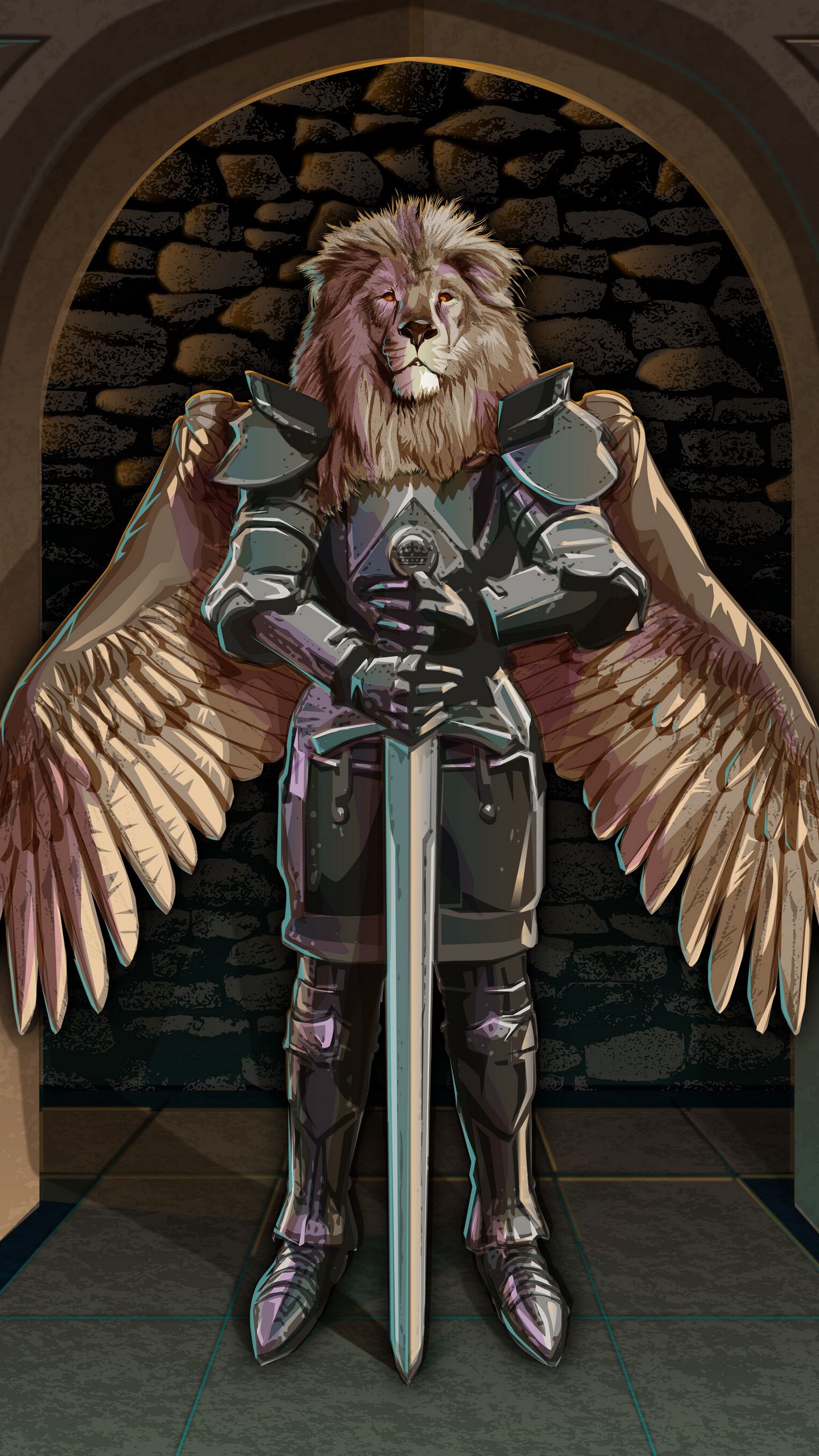 1440x2560  Скачать 1440x2560 лев, воин, доспехи, меч, крылья, арт обои, картинки qhd  samsung galaxy s6, s7, edge, note, lg g4