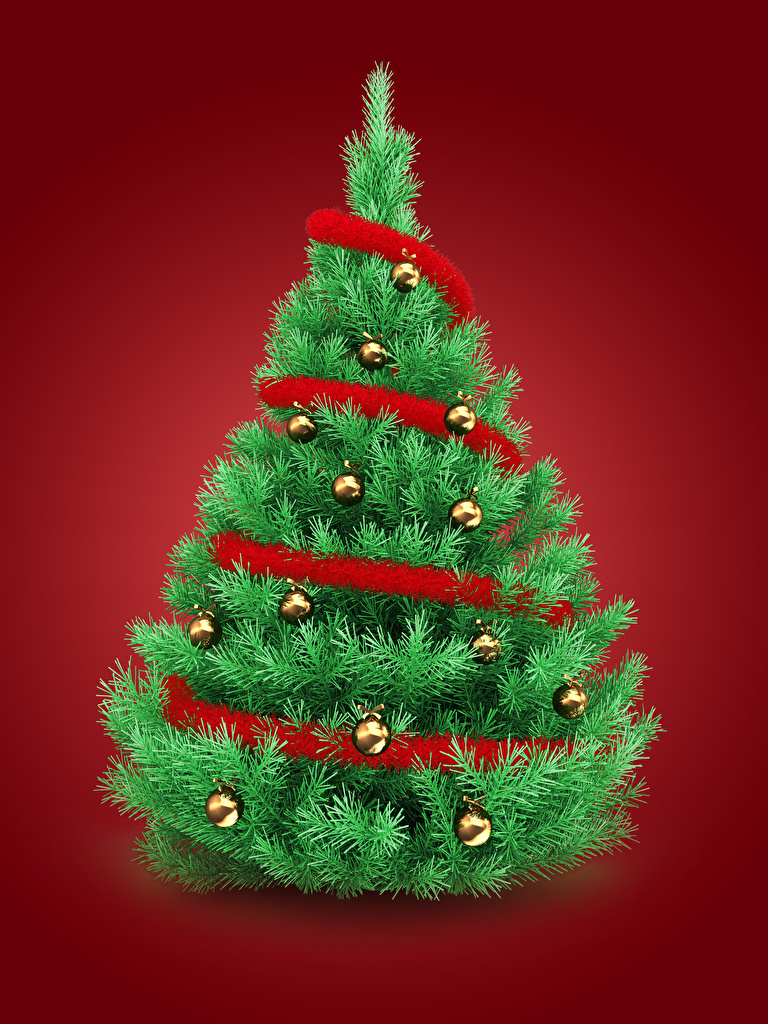768x1024  Картинка Рождество Елка 3D Графика Шарики красном фоне