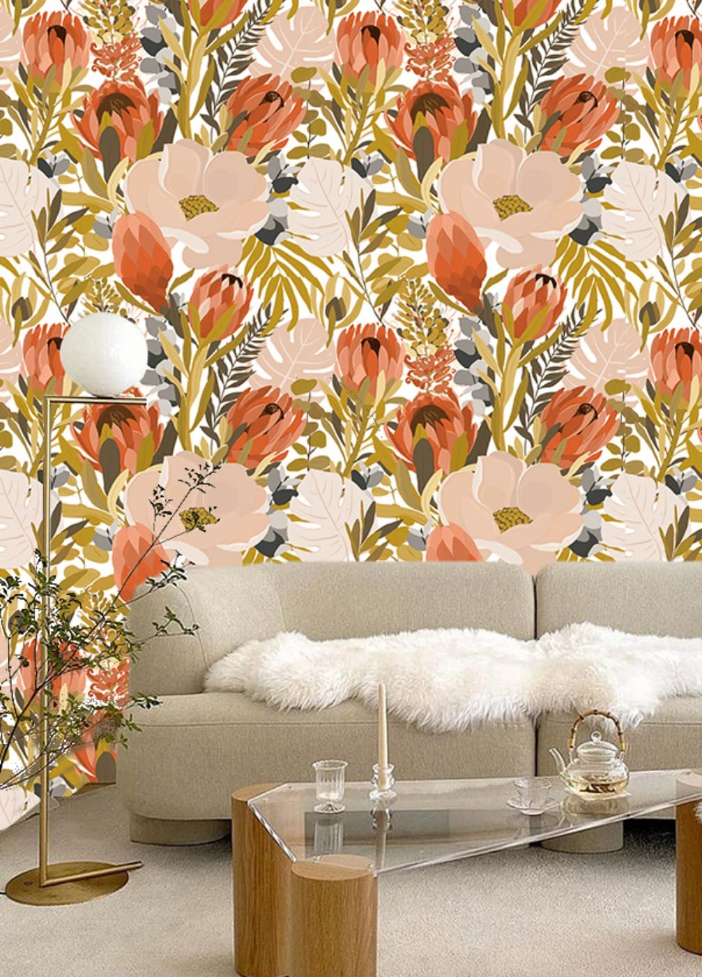 1007x1400  Обои Floralplus Peel and Stick Съемные обои с цветочным рисунком Peel and Stick для ванной комнаты, спальни, винтажные обои Protea Flower в стиле бохо, наклейки на обои для акцентной стены, домашний декор 17,7 * 118 дюймов, обои — Amazon Canada