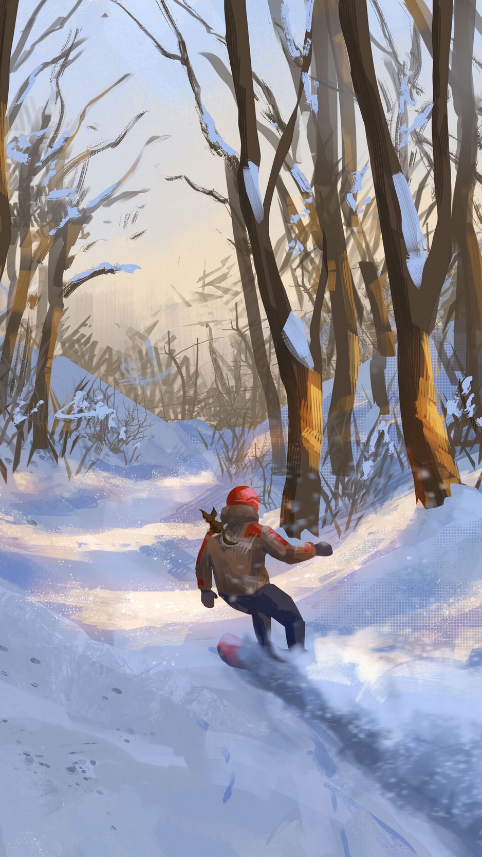 938x1668  Скачать 938x1668 сноубордист, сноуборд, лес, снег, зима, арт обои, картинки  iphone 8/7/6s/6 for parallax