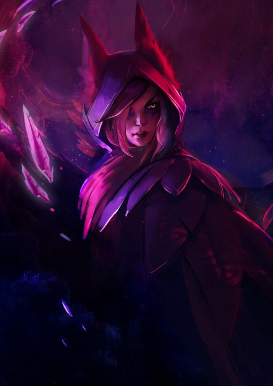 904x1280  Скачать обои и картинки kda, league of legends, ahri, хвосты, щелчок,  сердечко, поза для рабочего стола в разрешении 1080x2340