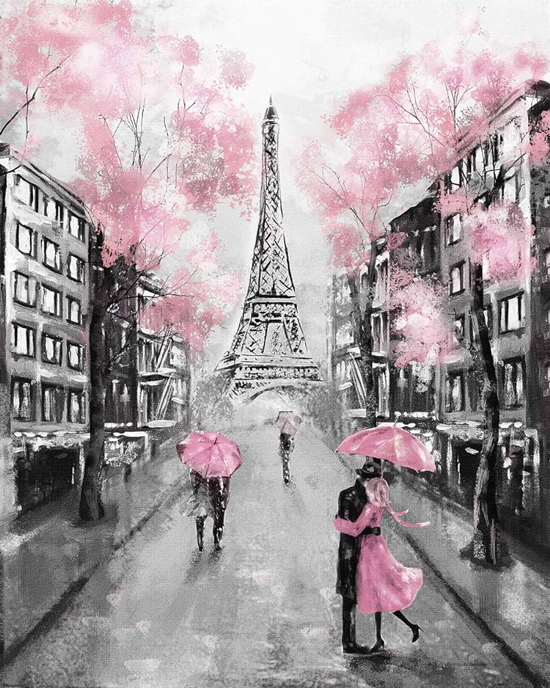 800x1000  Искусство Faicai Черно-белое настенное искусство HD-принты Пейзаж Картины на холсте Парижские уличные произведения искусства Европейский город Обои Эйфелева башня Розовые деревья Пара Современный настенный декор Картины в деревянной рамке 16x24 дюйма: Amazon.ca: